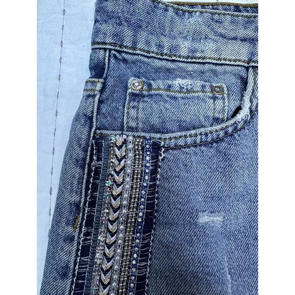 Free People Side Stripe Embellished Beaded Denim Jean Mini Skirt Distressed 8 - Picture 3 of 11